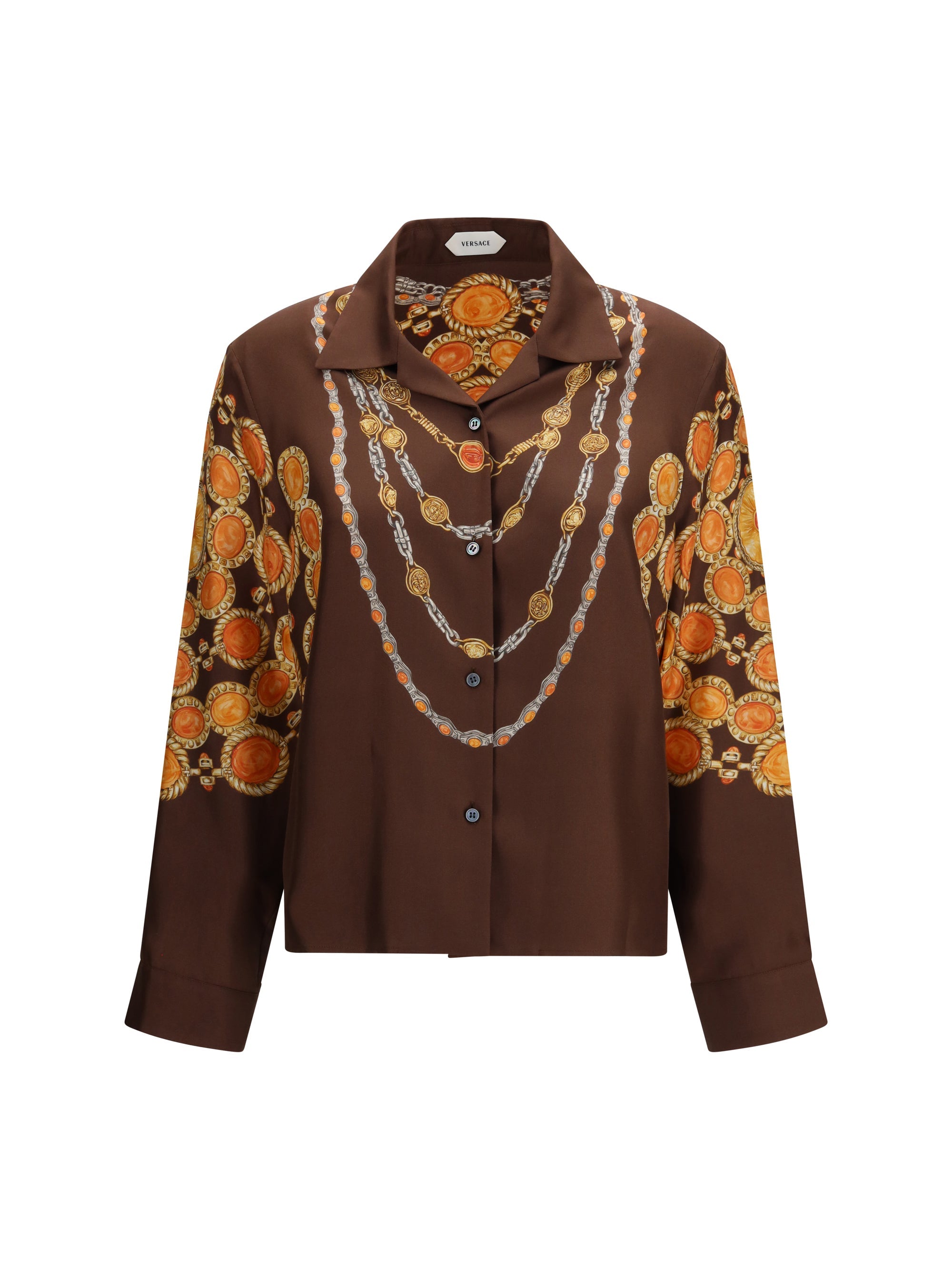 Versace Chain-Print Silk Shirt — Brown