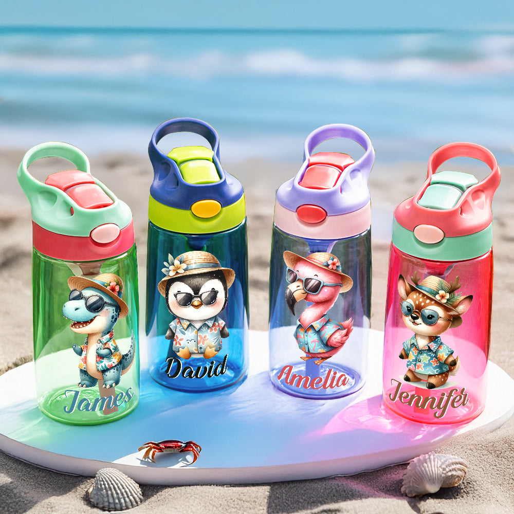 Botella de agua para niños de 16 oz con pajita y tapa antiderrame con tema hawaiano de dibujos animados Regalo de cumpleaños de vuelta al cole para niñas y niños
