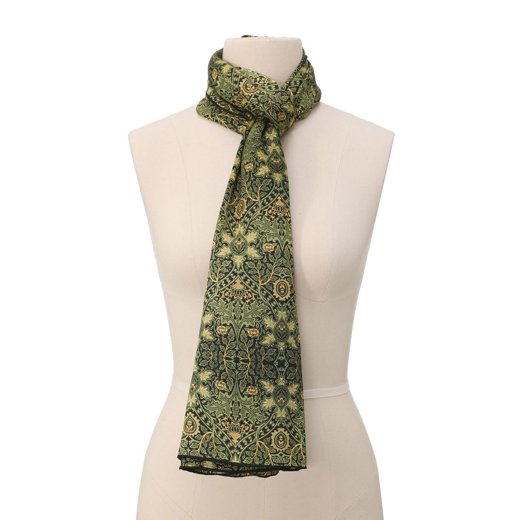 Vintage Green Silk Scarf with Ornate Gold Motifs