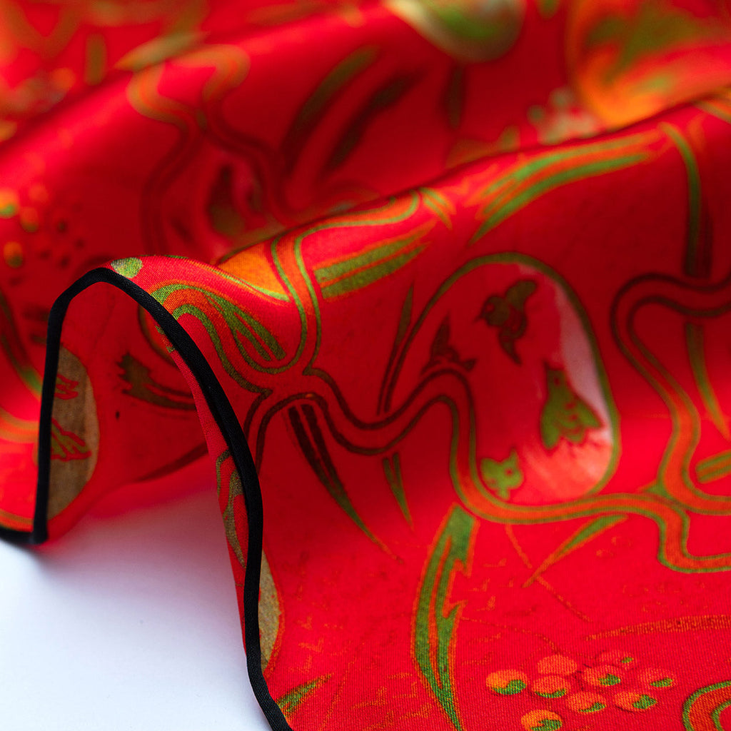 Red Silk Scarf with Abstract Floral Print Kabuki