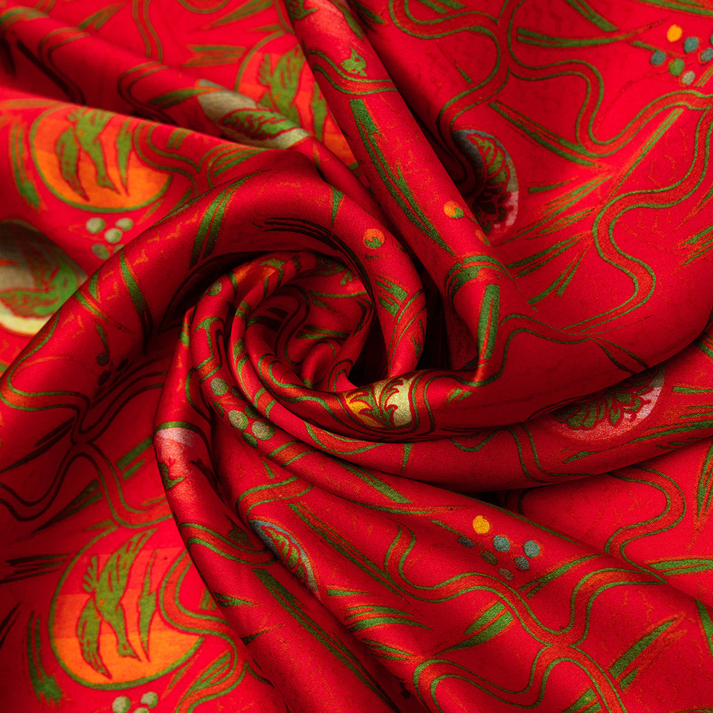 Red Silk Scarf with Abstract Floral Print Kabuki