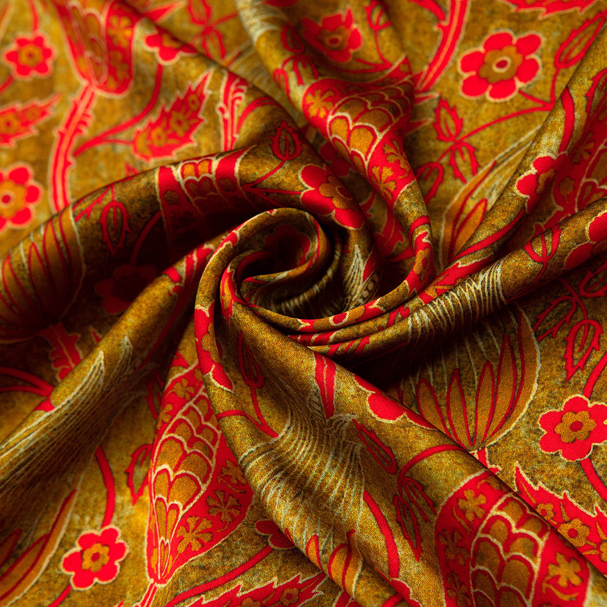 Floral Silk Scarf with Bold Red & Green Accents