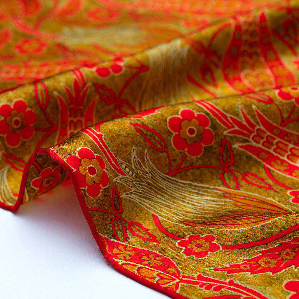 Floral Silk Scarf with Bold Red & Green Accents