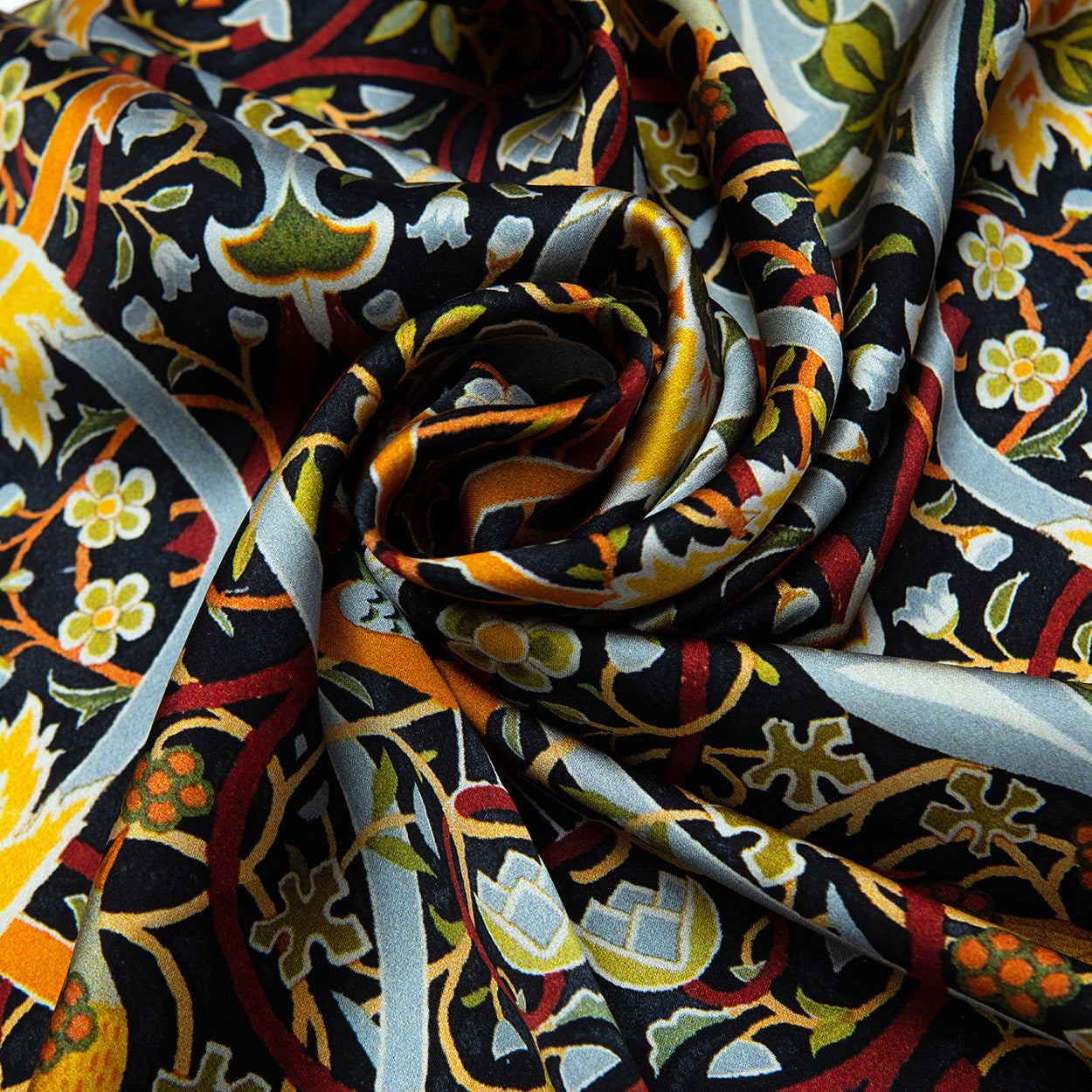 Vintage Floral Silk Scarf with Ornate Bird & Bloom Motifs