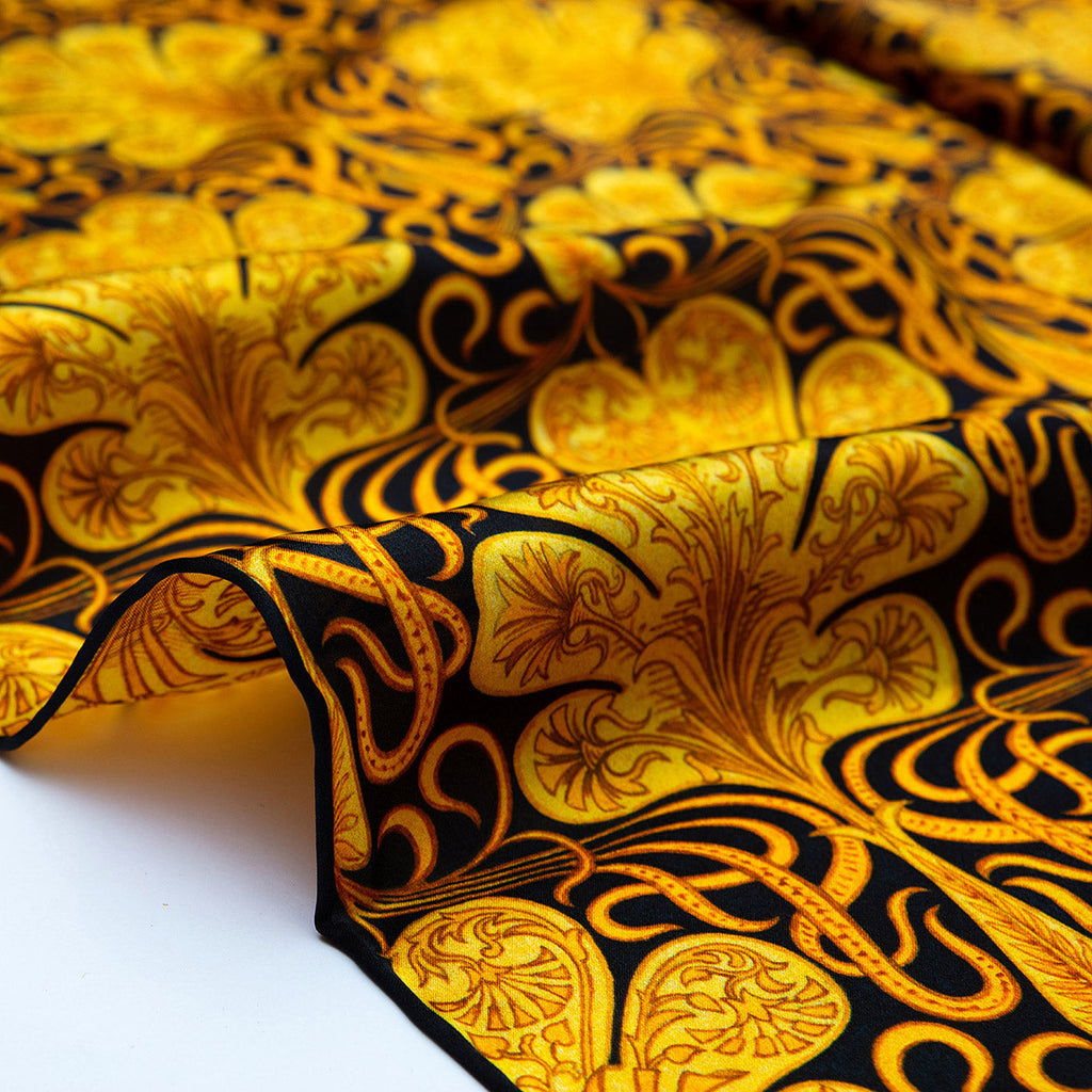 Black Silk Scarf with Ornate Gold Pattern Reims