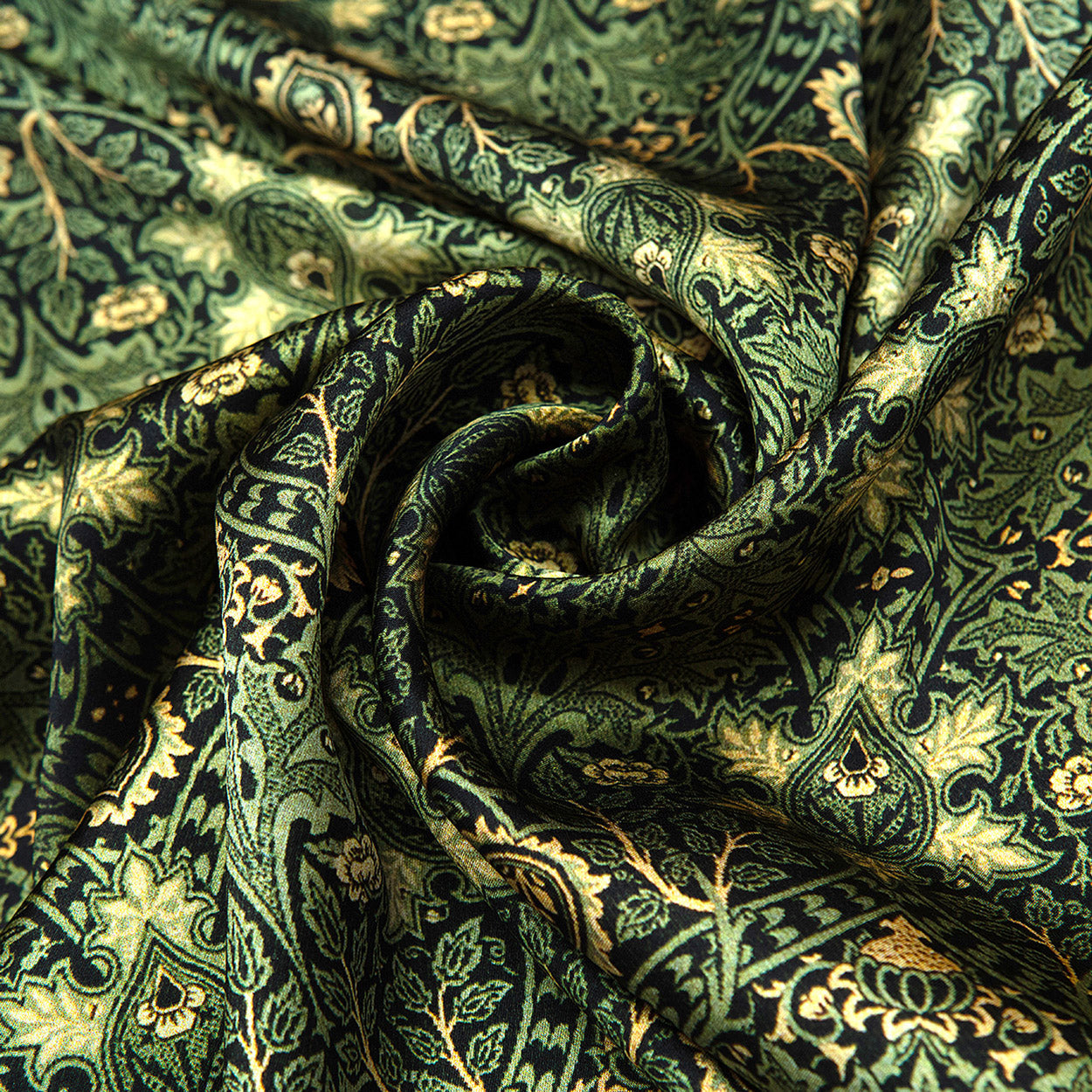 Vintage Green Silk Scarf with Ornate Gold Motifs