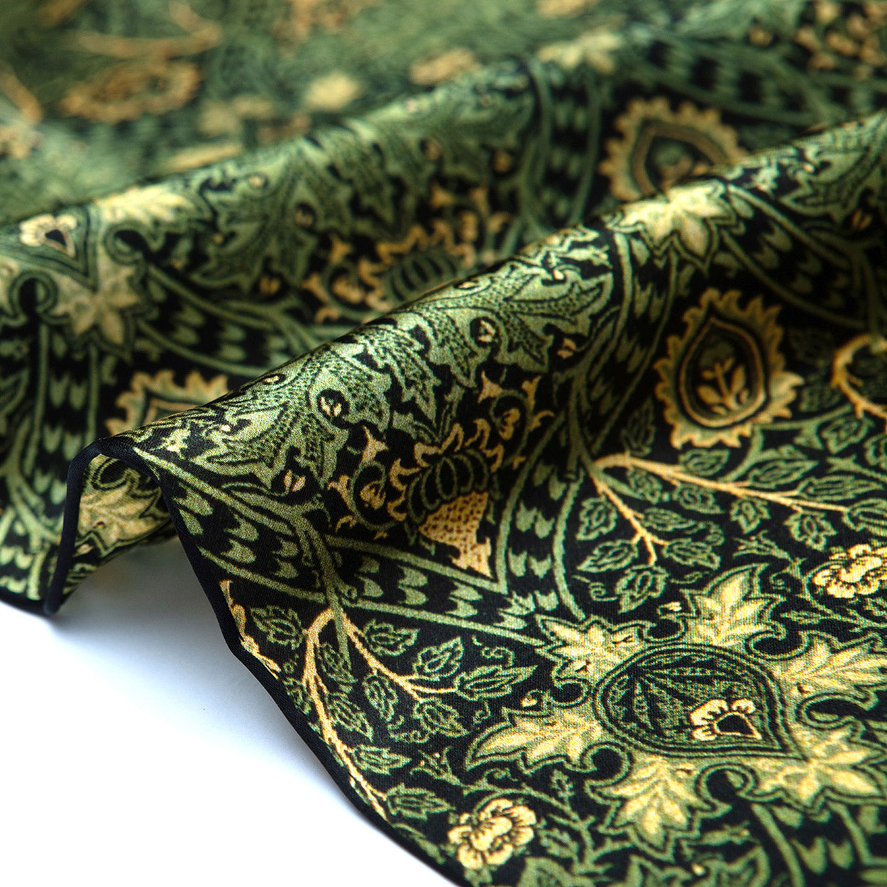 Vintage Green Silk Scarf with Ornate Gold Motifs