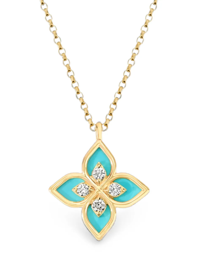 Roberto Coin Turquoise and Diamond Floral Necklace — Gold