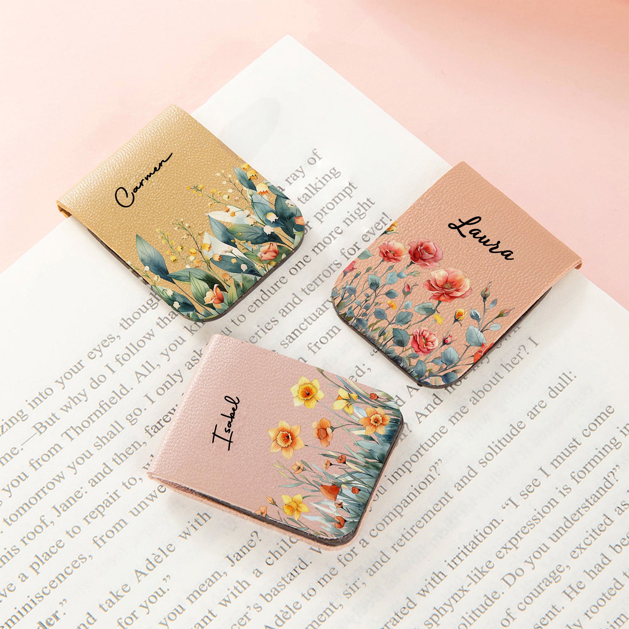 Marcapáginas personalizado de cuero PU magnético acuarela flor del nacimiento con nombre regalo de cumpleaños para amantes de la lectura