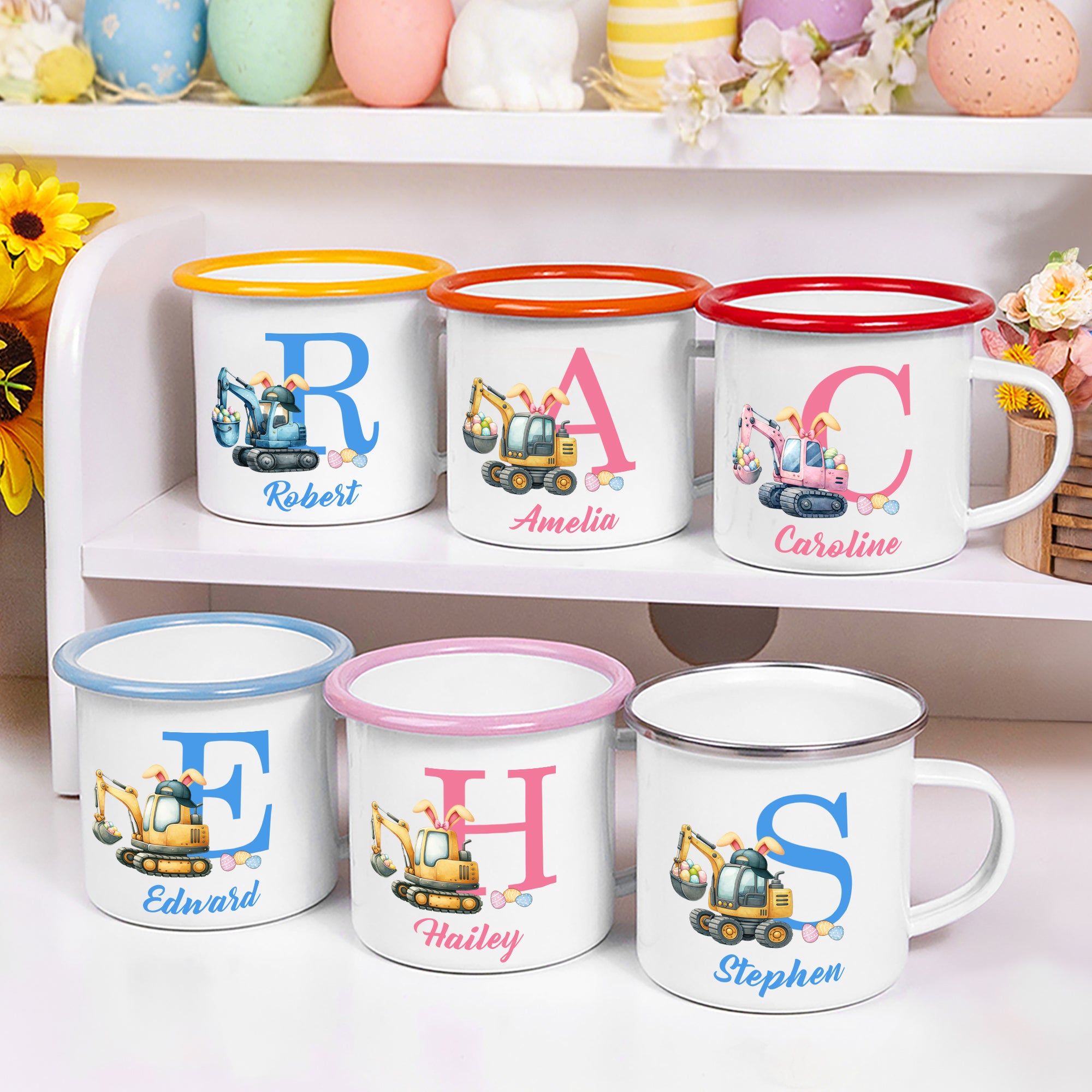 Taza esmaltada de 12 oz con nombre e inicial Regalo de Pascua de uso diario para niños y niñas