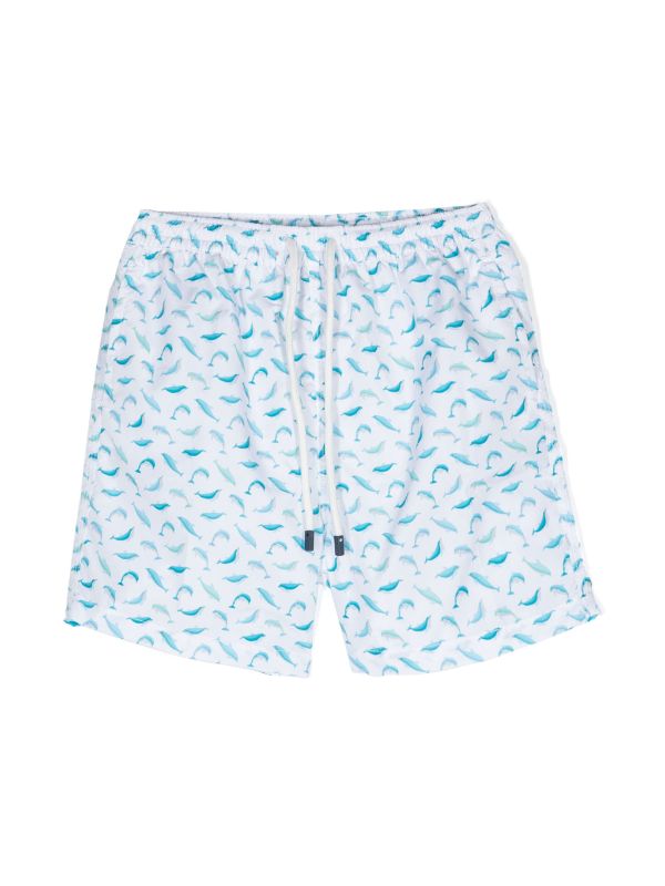 Fedeli Fish-Print Drawstring Swim Shorts — White