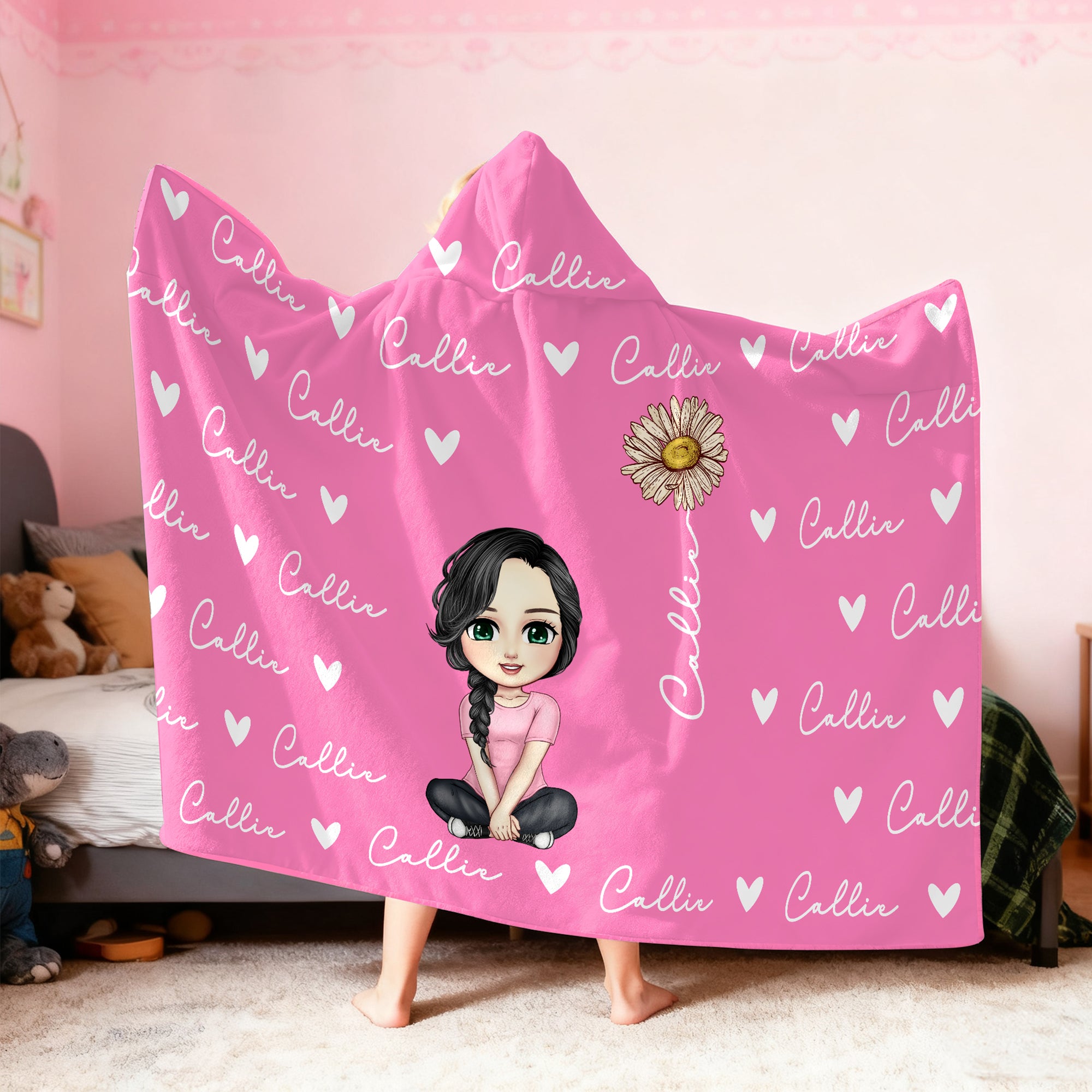 Personalizado lindo personaje de dibujos animados Corazón Nacimiento Flor Multicolor Suave manta con capucha con nombre Cumpleaños Regalo de Navidad para los amigos de la familia