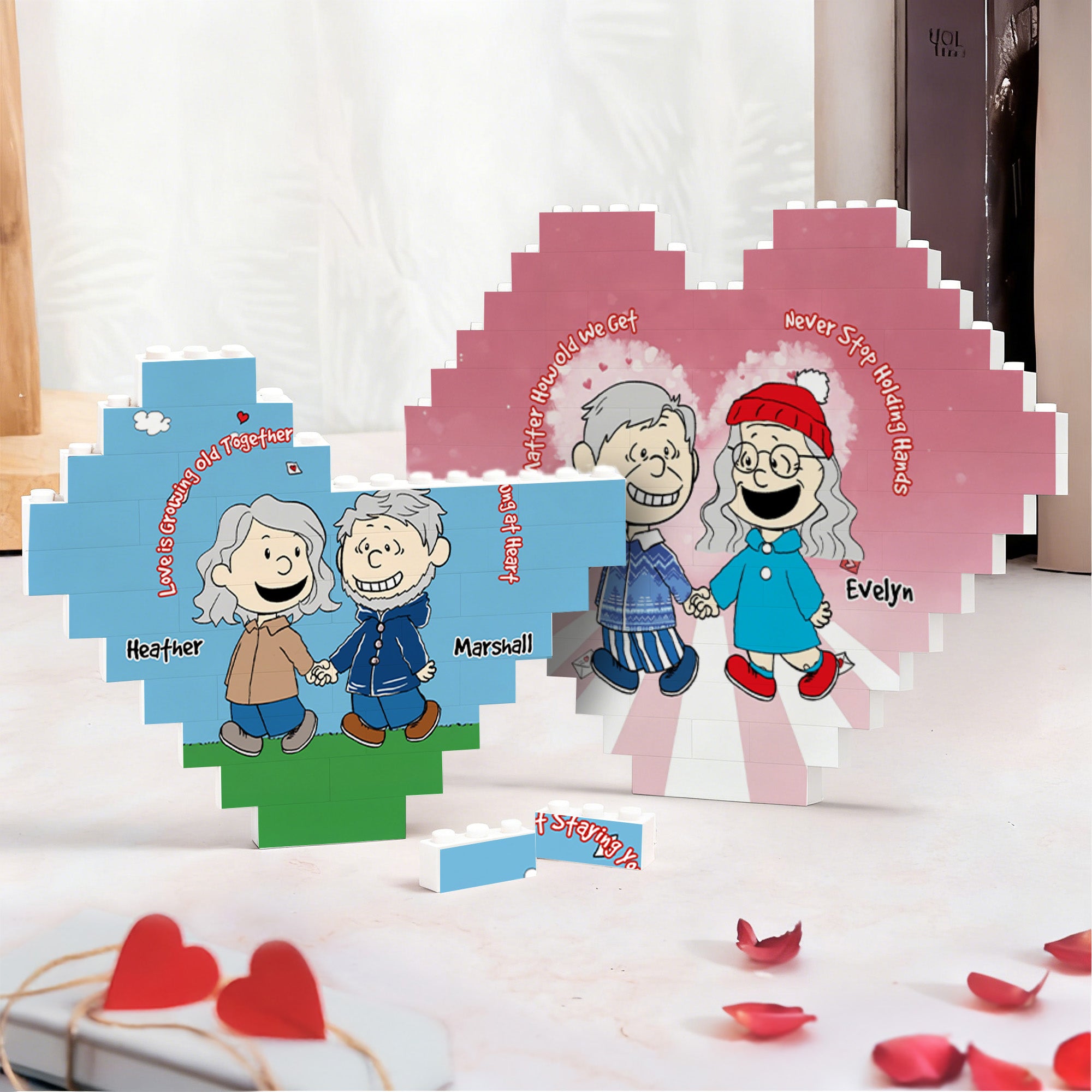 Personaje de cómic personalizado Pareja Corazón ABS Building Block Puzzle con nombre Sorpresa Aniversario San Valentín Regalo para pareja