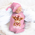 Set de pañuelo y gorro con nudo personalizado azul rosa vaca con nombre Baby Shower Regalo de cumpleaños para recién nacidos Bebés