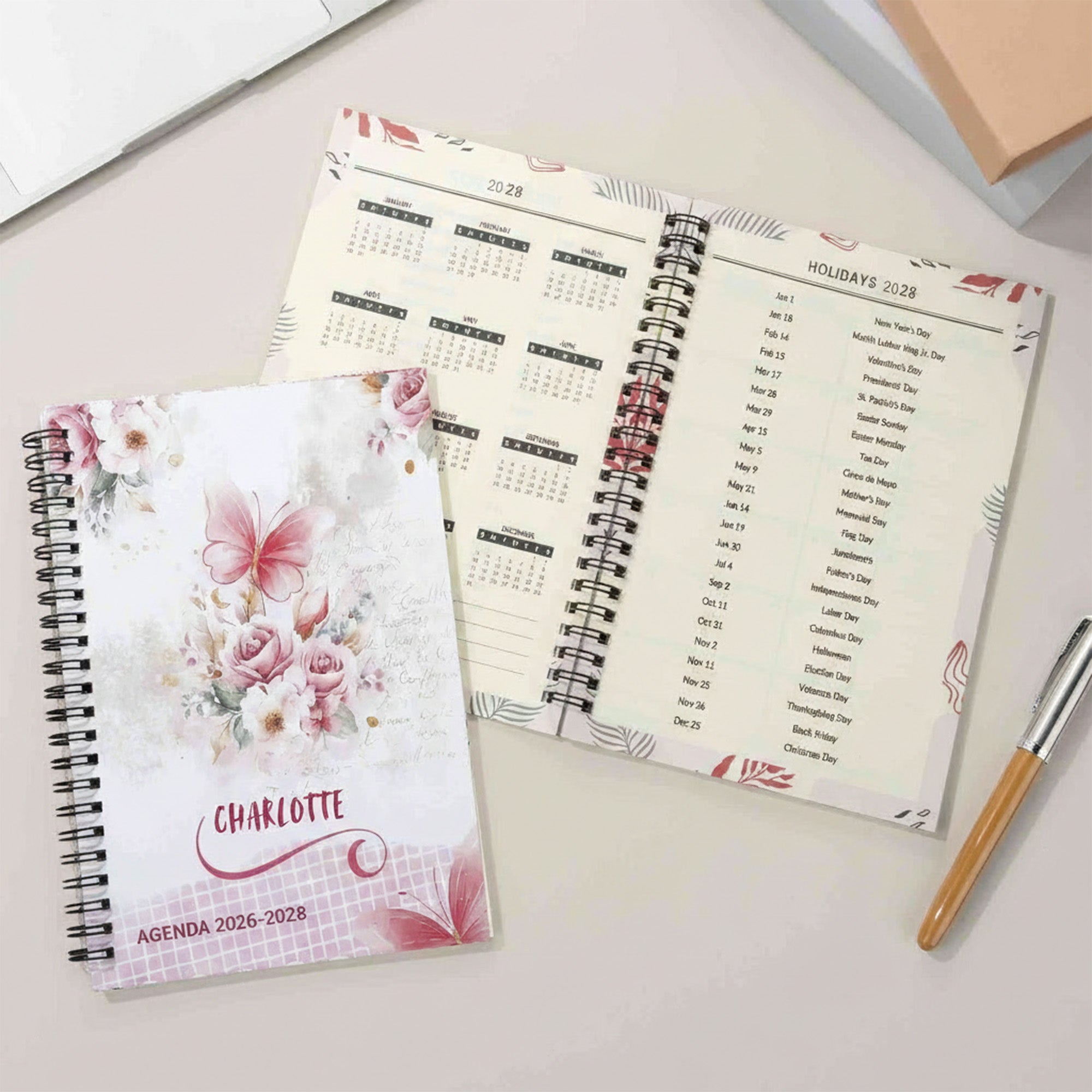 Personalizada Mariposa Floral 2026-2028 Espiral Planificador Cuaderno con Nombre y Semanal Mensual Planificador Páginas Año Nuevo Cumpleaños Regalo para Familia Amigos