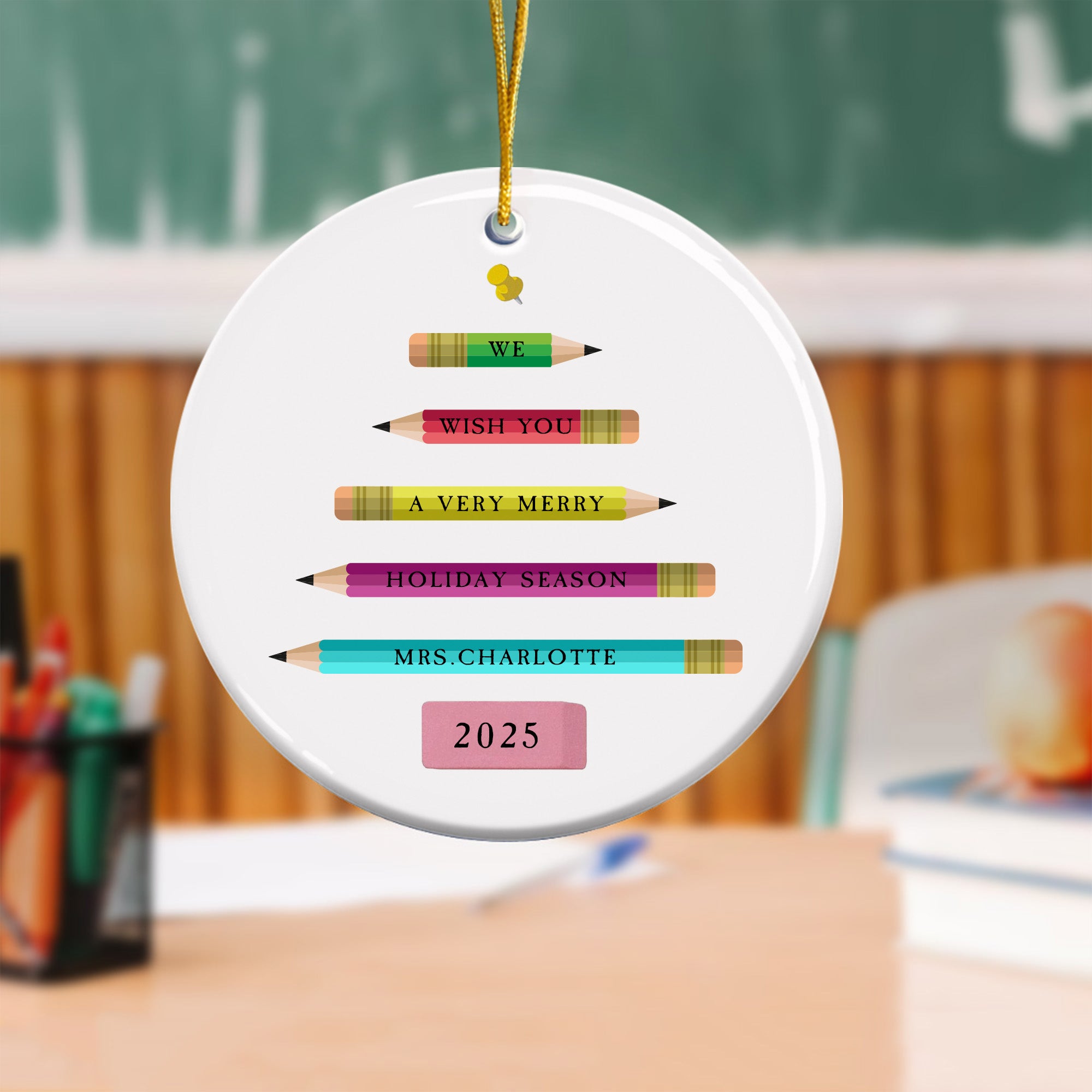 Lápiz personalizado Árbol de Navidad de cerámica adorno colgante con nombre Decoración del hogar Navidad Cumpleaños Regalo para los profesores