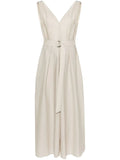 Brunello Cucinelli Monili Bead-Embellished V-Neck Dress — Beige