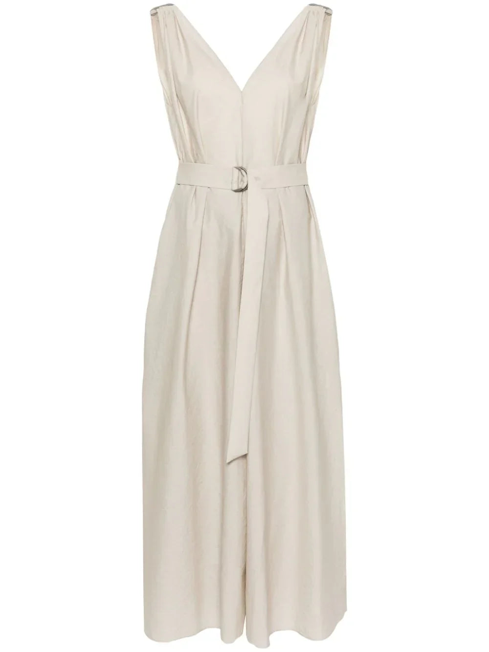 Brunello Cucinelli Monili Bead-Embellished V-Neck Dress — Beige