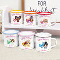 Taza esmaltada personalizada de dibujos animados de la Princesita Coqueta con lazo de 12 oz con borde de color y nombre Regalo de cumpleaños Día del niño para niñas