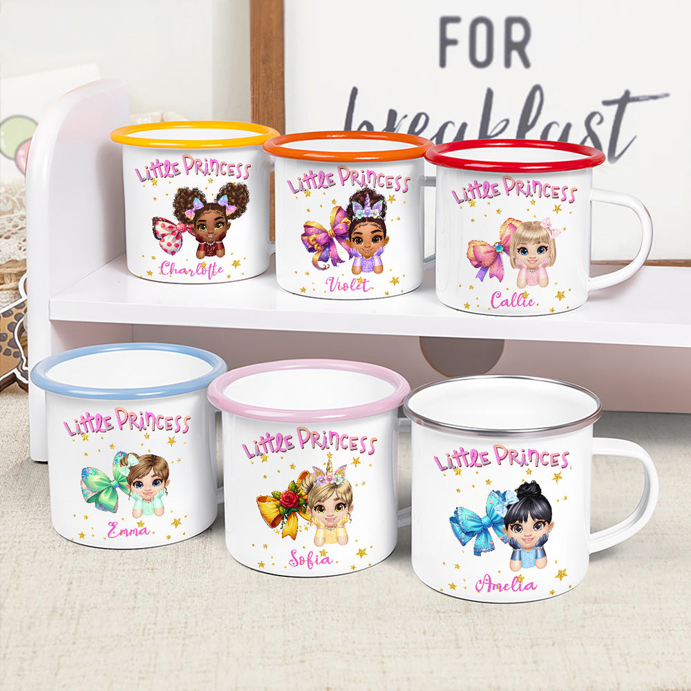 Taza esmaltada personalizada de dibujos animados de la Princesita Coqueta con lazo de 12 oz con borde de color y nombre Regalo de cumpleaños Día del niño para niñas