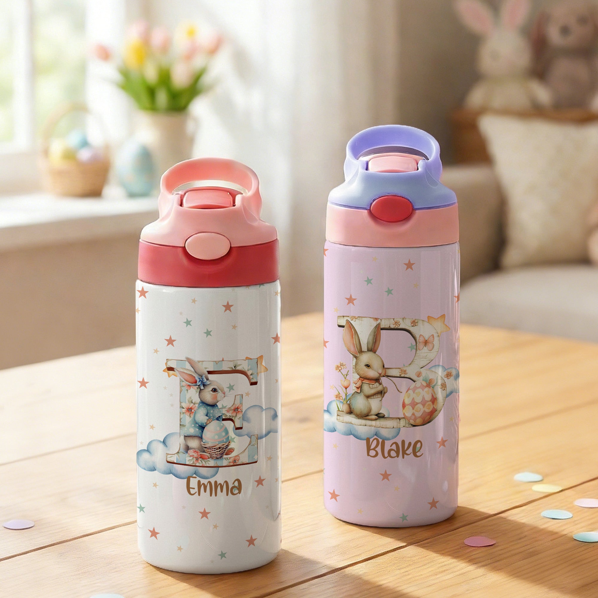 Conejito de Pascua Personalizado Estrella con Inicial Nombre 12 oz Botella de Agua Aislante con Asa y Pajita de Silicona Pascua Regalo Escolar para Niños Niños
