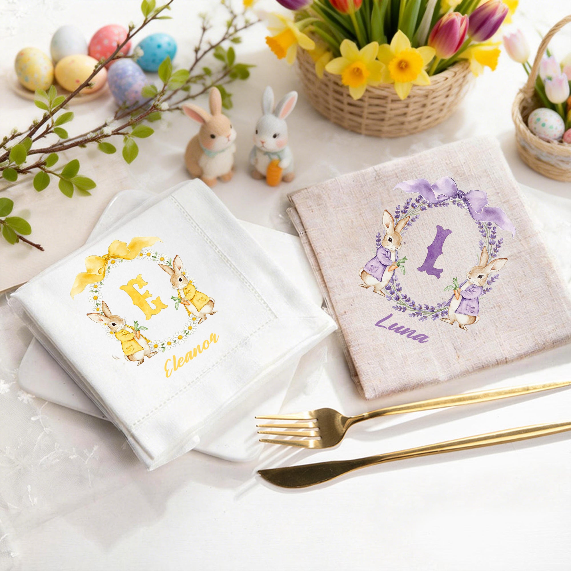 Corona de lazo personalizada Peter Rabbit Initial Servilleta de lino con nombre Decoración de mesa Regalo de Pascua para niños Familia Amigos