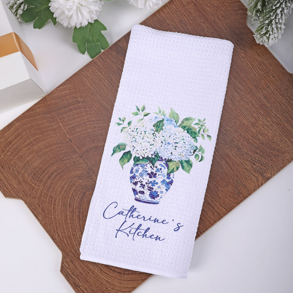 Hortensias personalizadas estilo chino azul y blanco de porcelana Waffle toalla de té con el texto de la boda Regalo de despedida de soltera para ella