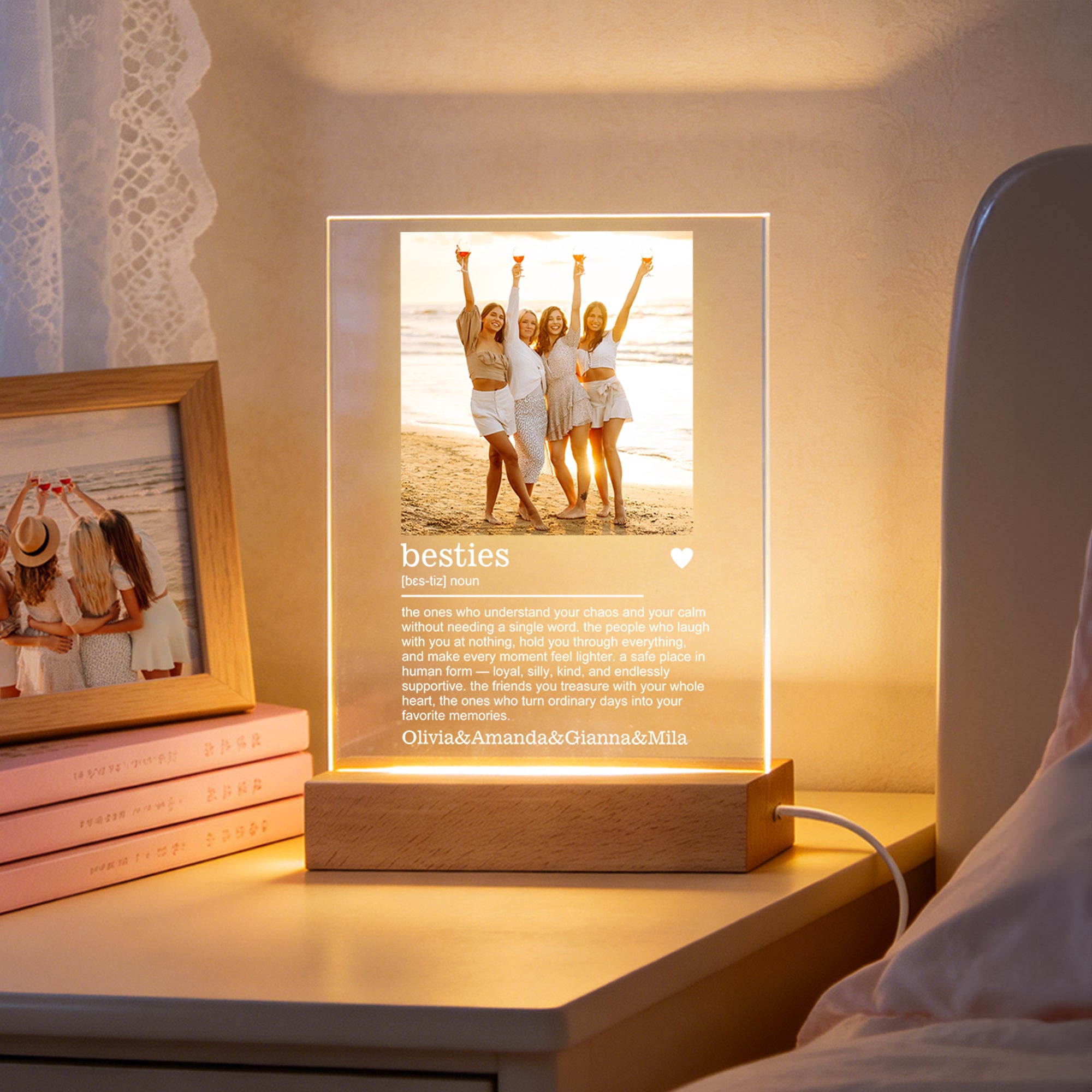 Personalizada Mejor Amigo Foto 4-Color Acrílico LED Luz de Noche con Nombre y Base de Madera Cumpleaños Novia Aniversario Regalo para Besties Hermanas