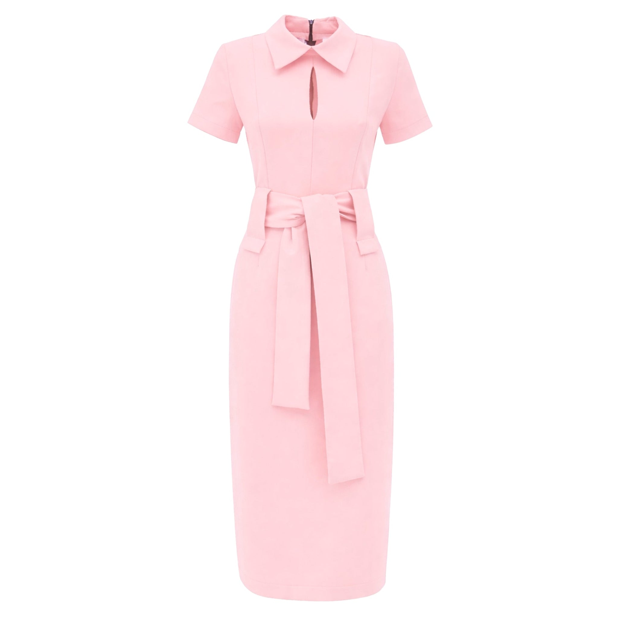 Short Sleeve Midi Dress With Belt - Blush Pink