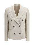 Brunello Cucinelli Herringbone Double-Breasted Blazer — Beige
