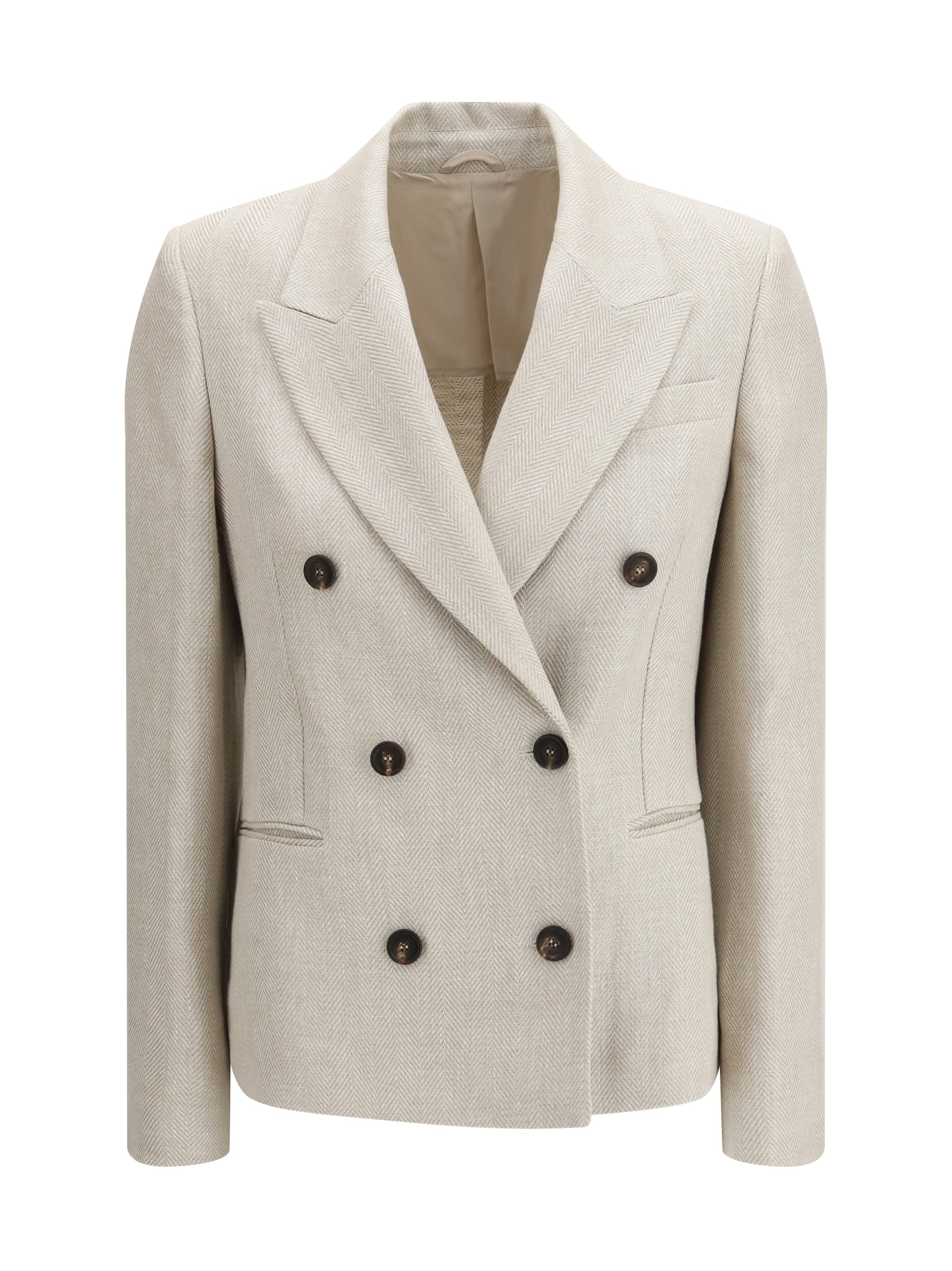 Brunello Cucinelli Herringbone Double-Breasted Blazer — Beige