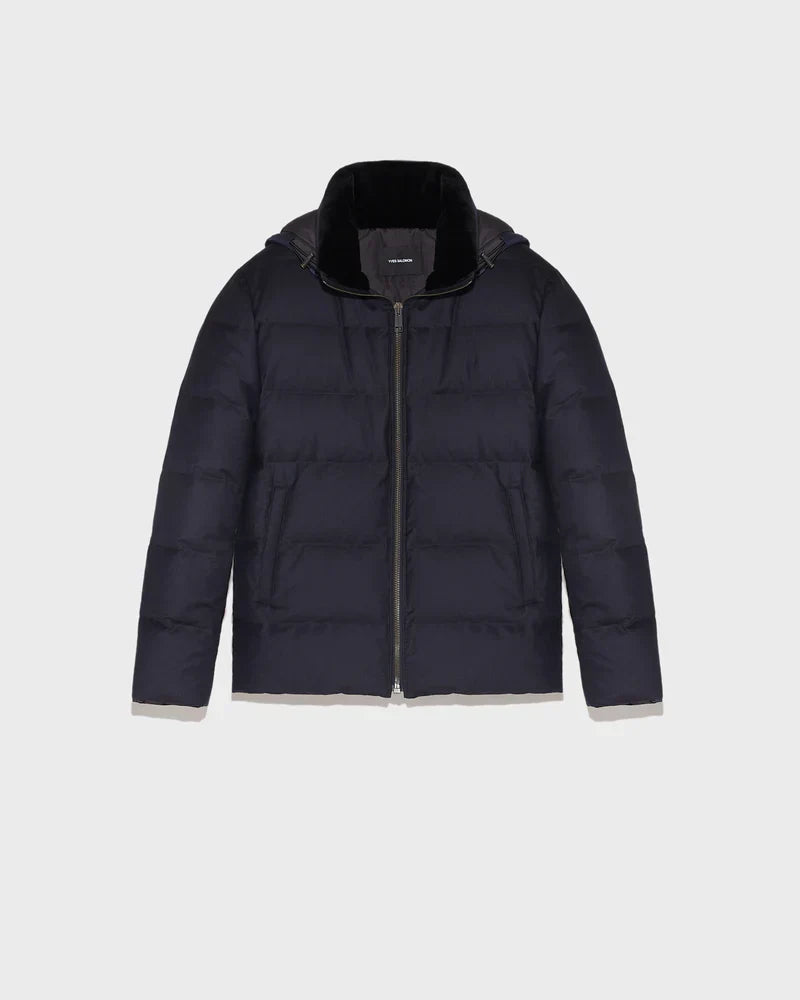 Yves Salomon Loro Piana Wool-Silk with Mink Collar Down Jacket — Navy