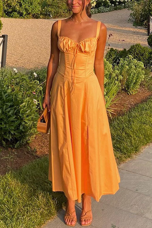 Drawstring Neck Slit Bustier Midi Cami Dress