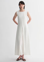 Mulberry silk sleeveless round neck oblique pleated A-line white dress