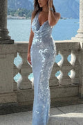 Halter Cowl Neck Open Back Sequin Maxi Party Dress