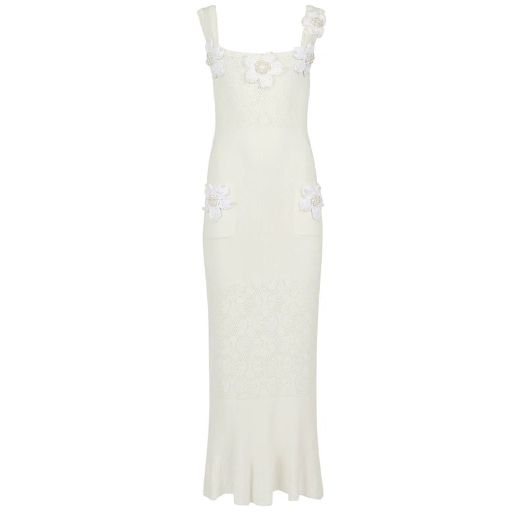 White Vanilla Knit Dress With Handmade Embroidery