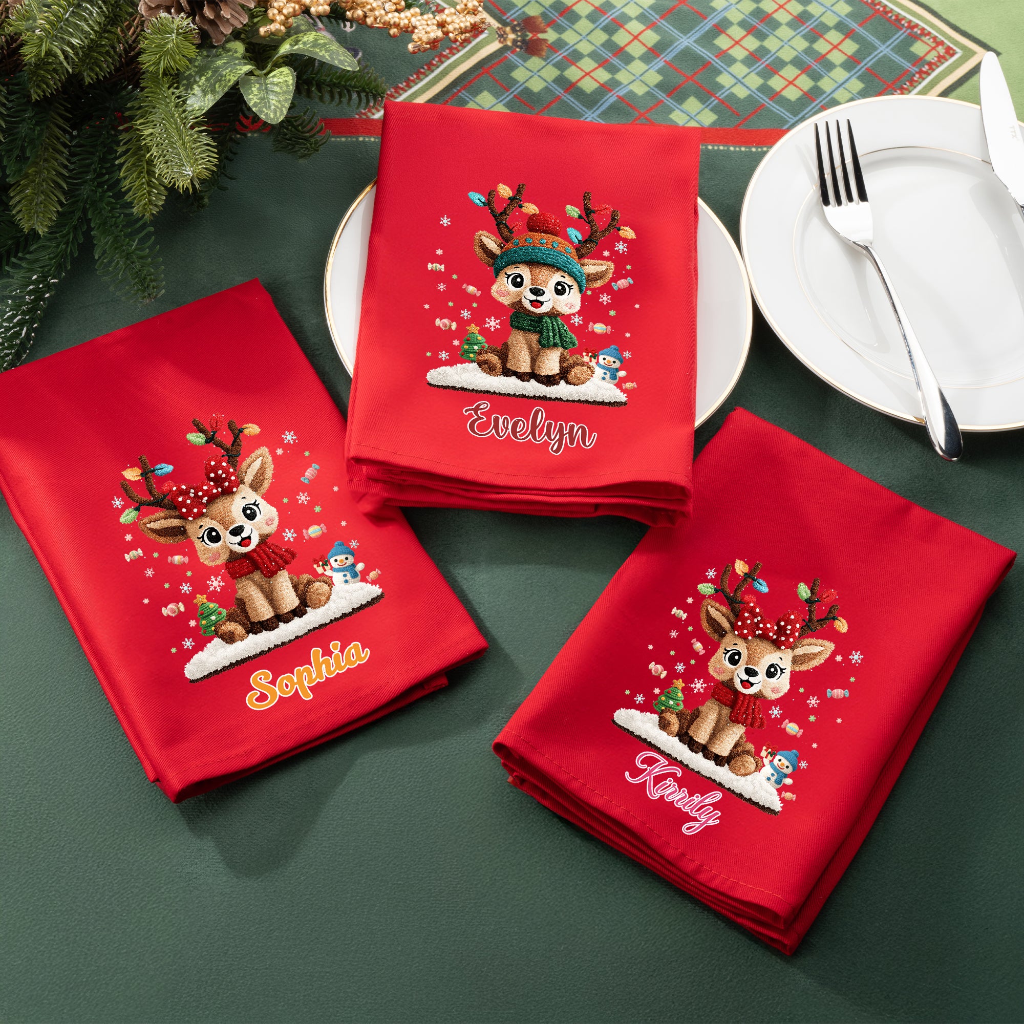 Personalizado lindo reno de Navidad 100% algodón rojo servilleta con nombre de decoración de mesa de Navidad de regalo para la familia amigos