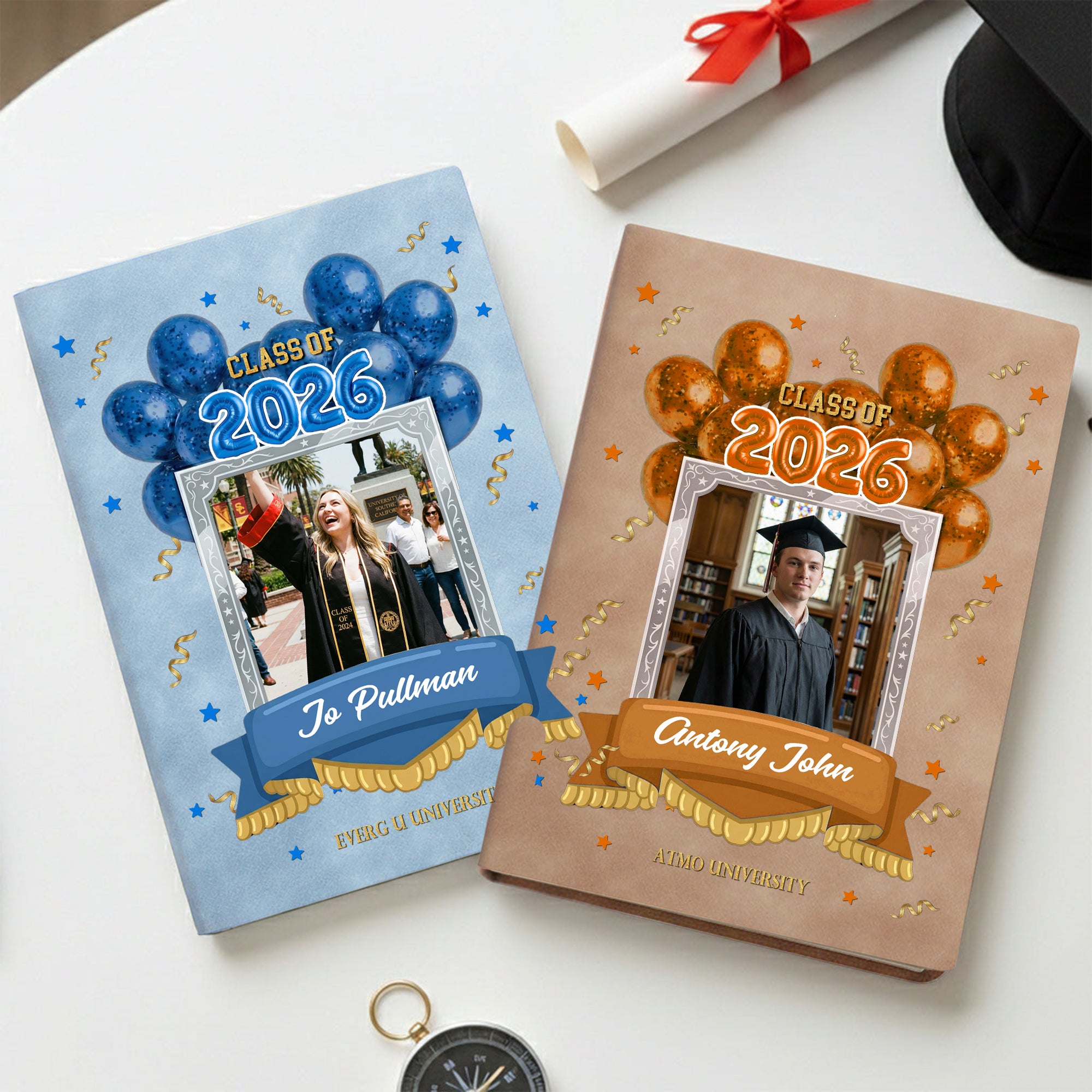 Personalizada Estrella Globo Graduación Foto PU Cuaderno de cuero con el nombre de la escuela y el nombre de la ceremonia de graduación de regalo para la clase de 2026 graduados