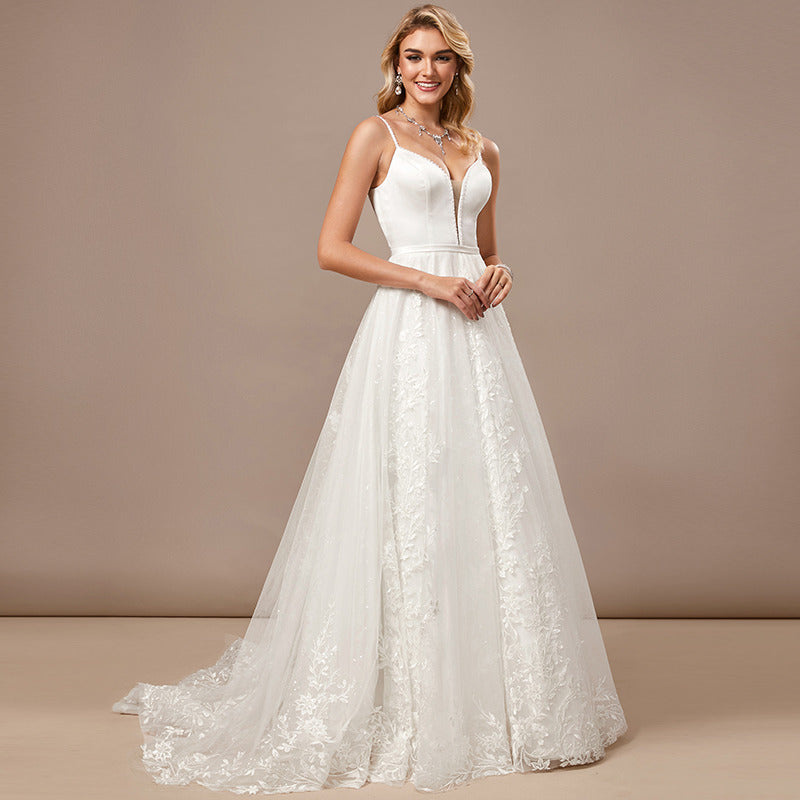 Bridal Wedding Dress Ivory Long V-Neck A-line