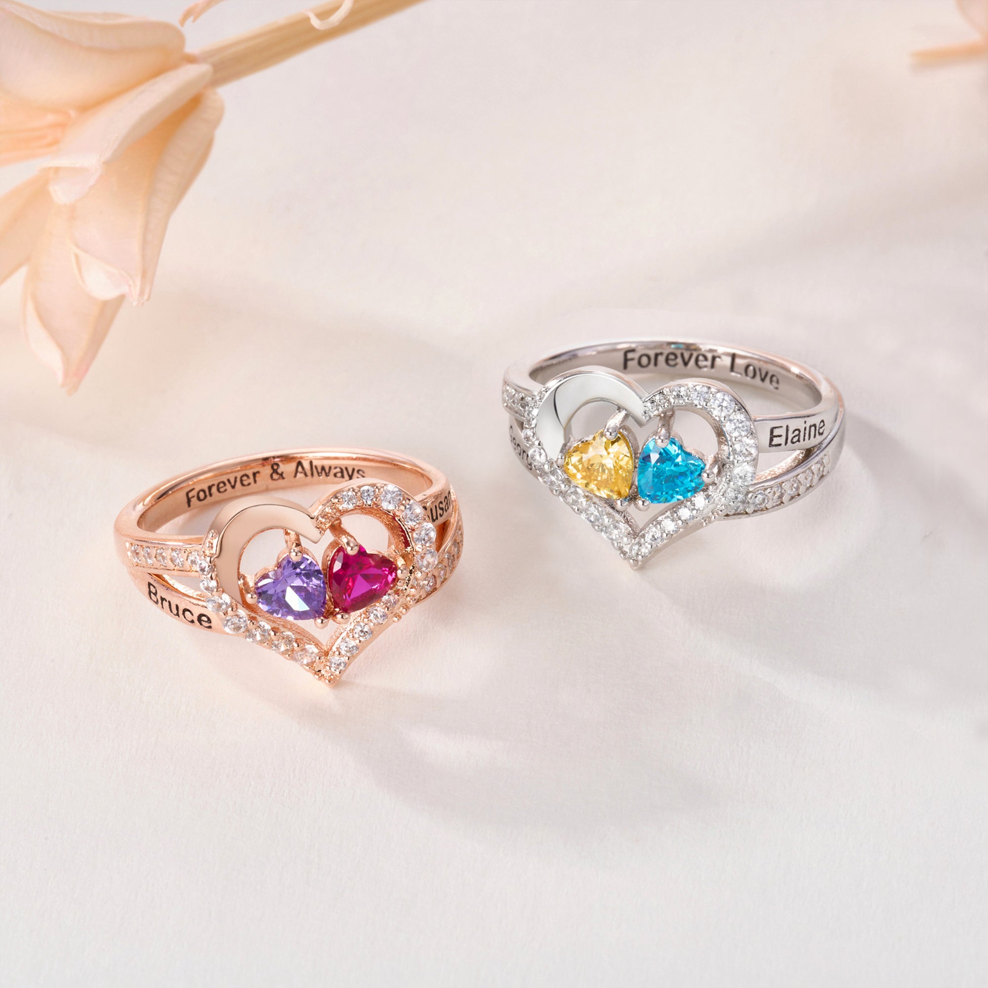 Personalizado Doble Corazón Birthstones Zircon Anillo con nombre grabado y texto Joyería delicada Día de San Valentín Aniversario Cumpleaños Regalo para las mujeres