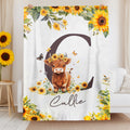 Manta personalizada con nombre e inicial de la vaca de las tierras altas Girasoles Suave decoración del hogar Cumpleaños Baby Shower Regalo para niños
