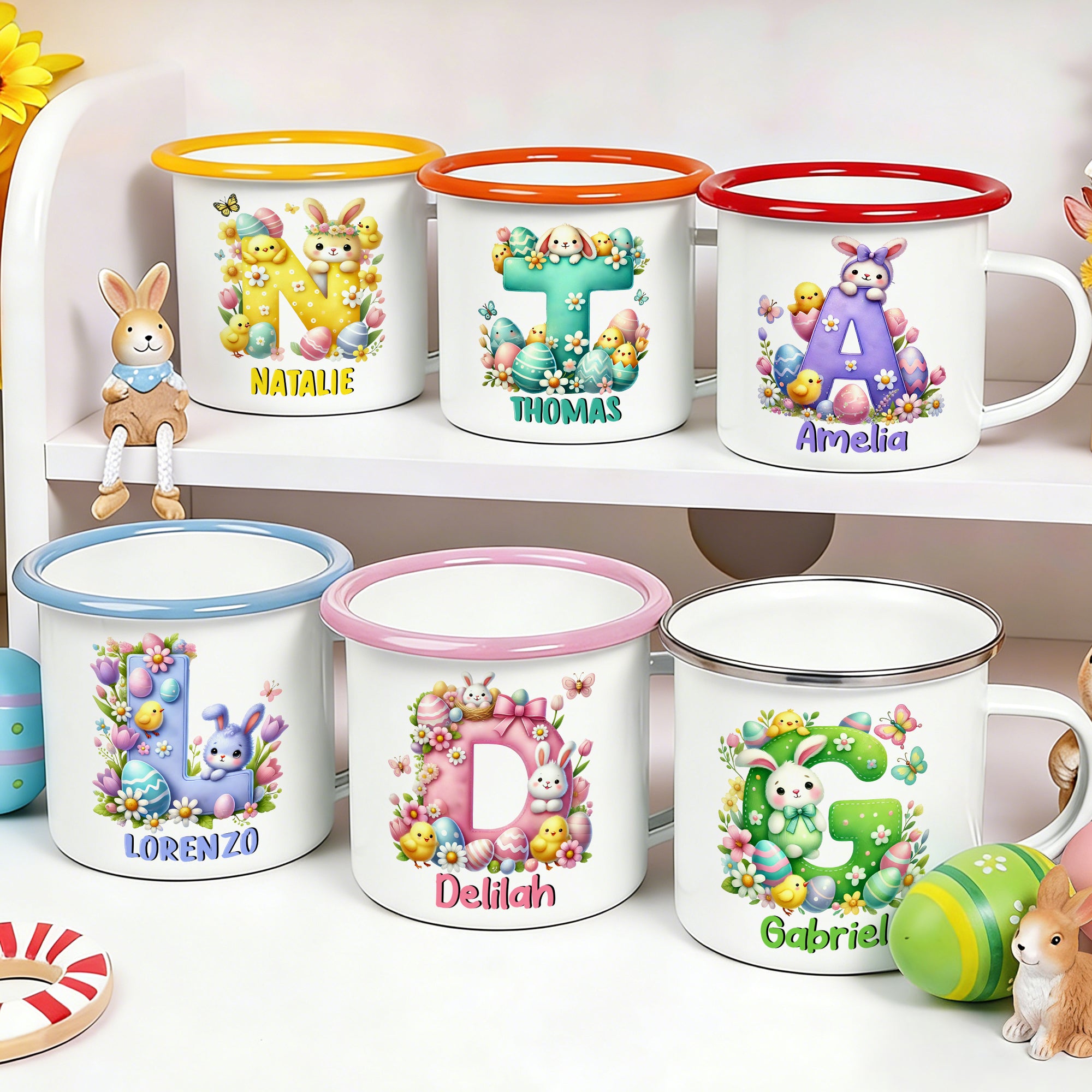Huevo de Pascua personalizado Dibujos animados Conejo Flores Inicial Multicolor 12 oz Esmalte Taza con Nombre Pascua Cumpleaños Regalo para Niños Niñas