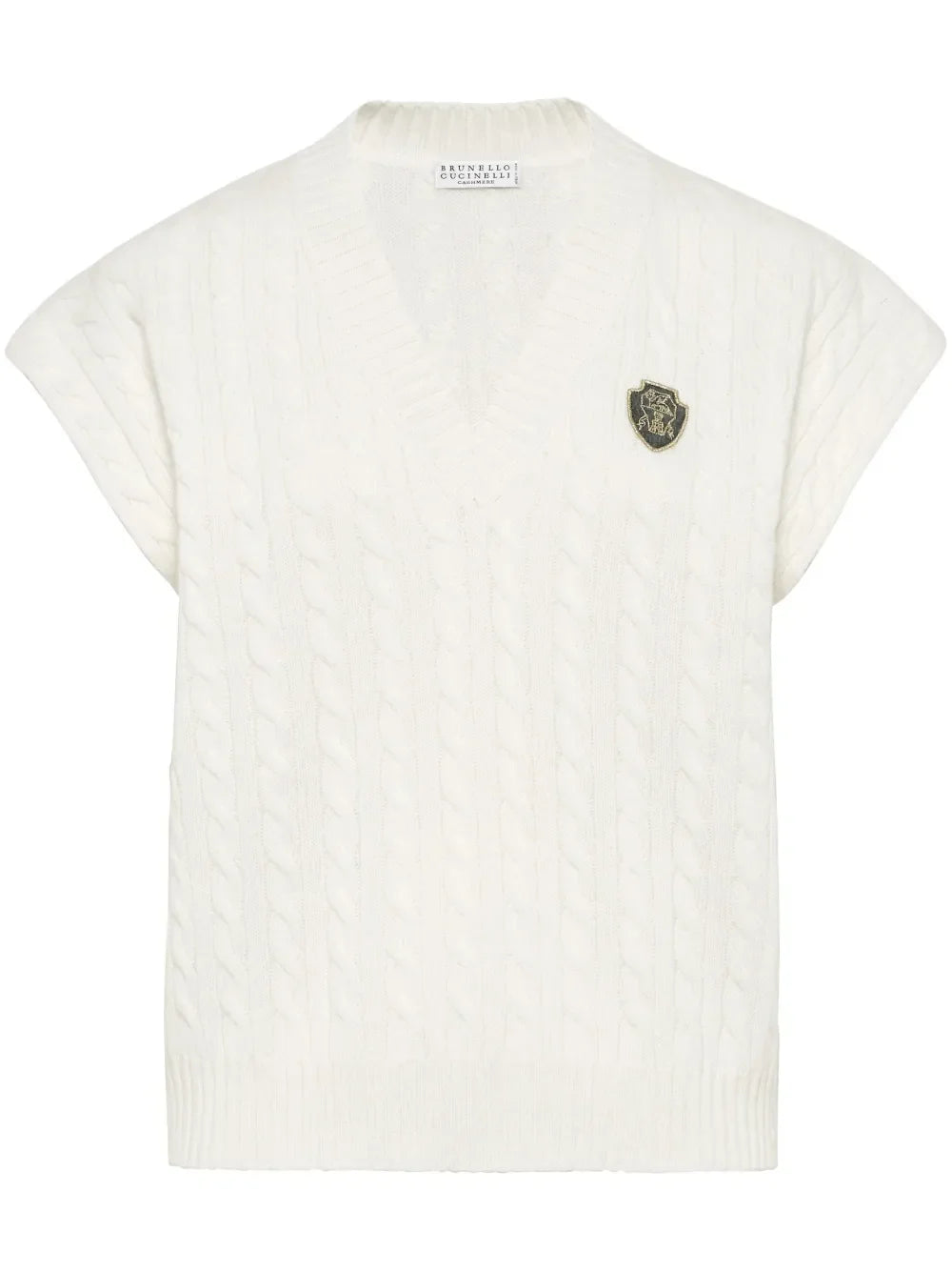 Brunello Cucinelli Logo-Patch Cable-Knit Cashmere Vest — White