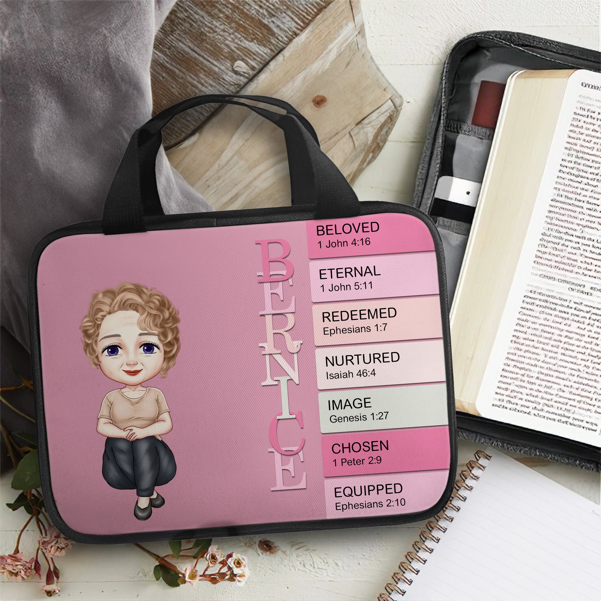 Personalizada Biblia Versículo Cartoon Personaje Biblia Bolsa de almacenamiento de uso diario Día de Acción de Gracias bautizo regalo para los amigos cristianos de la familia