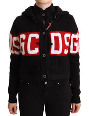 Women's Black Cashmere Hooded Button Down Logo Cardigan Jacket Clothing