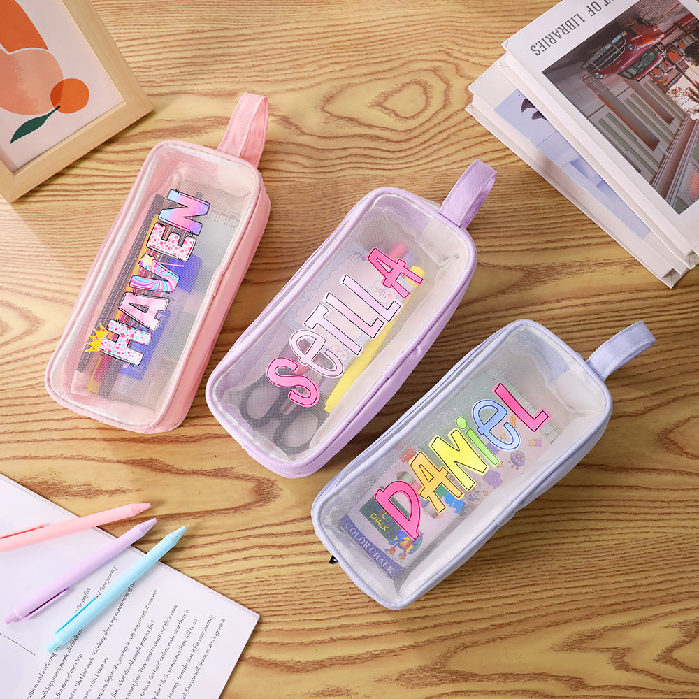 Estuche de malla grande personalizado con dos compartimentos y nombre Material escolar Regalo de vuelta al cole para niños Niñas