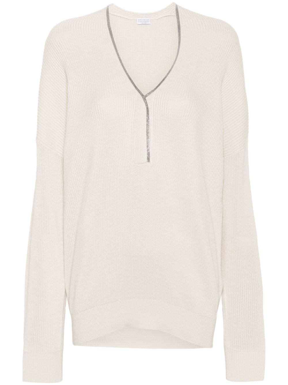 Brunello Cucinelli Monili-Chain Ribbed Sweater — Beige