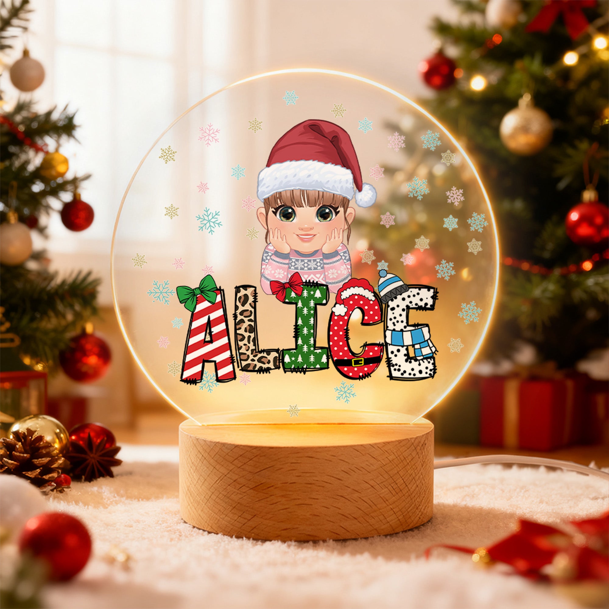 Luz de noche LED acrílica con nombre y base de madera Personalizada de Navidad con personaje de dibujos animados para niños Regalo de Navidad para niños y niñas