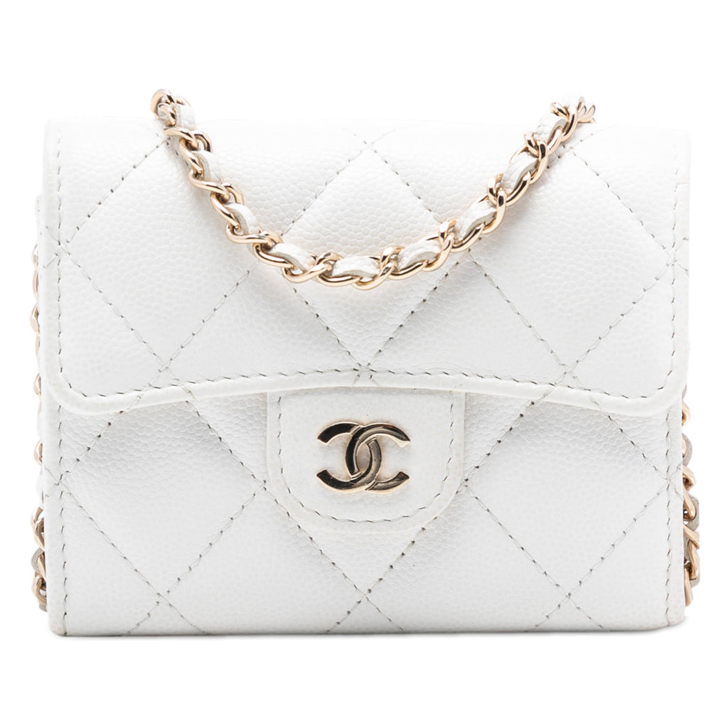 CC Quilted Caviar Flap Card Holder with Chain