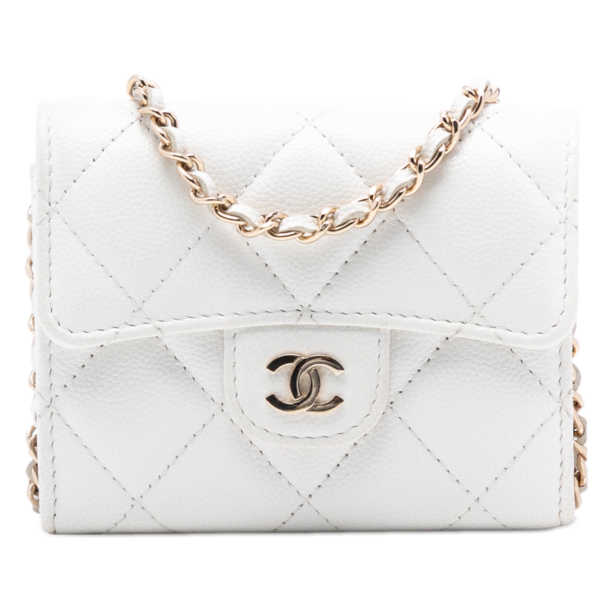 CC Quilted Caviar Flap Card Holder with Chain